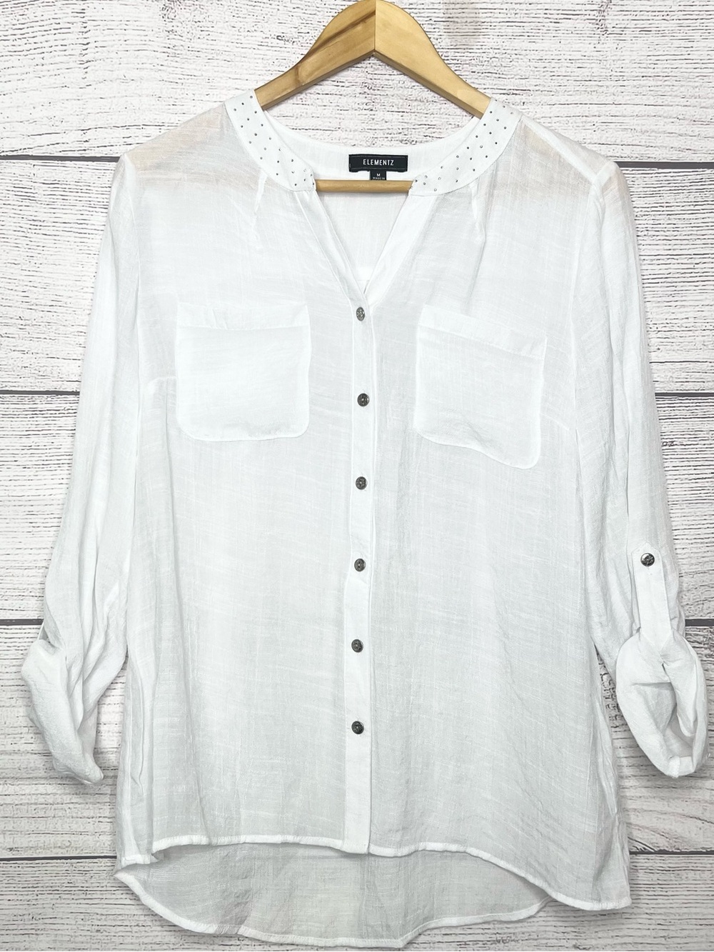 Elementz White Sparkle Collar Button Up Lightweight Summer Shirt Size Medium